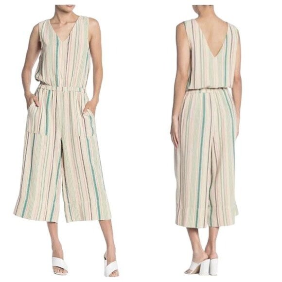 SALE Splendid Stripe Crop Jumpsuit Sleeveless Linen Pockets Wide Leg Sz M - Picture 1 of 6